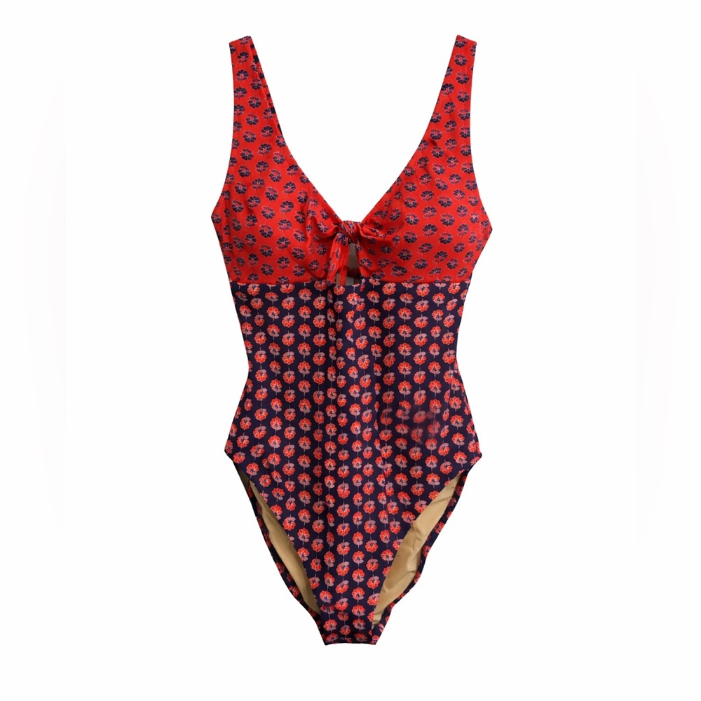 J.Crew Women’s One Piece Swimsuit Red Navy Floral Tie Front Medium M Beach